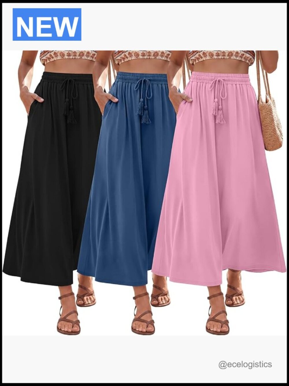3 Pack Women's Maxi Long Skirts, Ankle Length A-Line Elastic High Waist Flowy